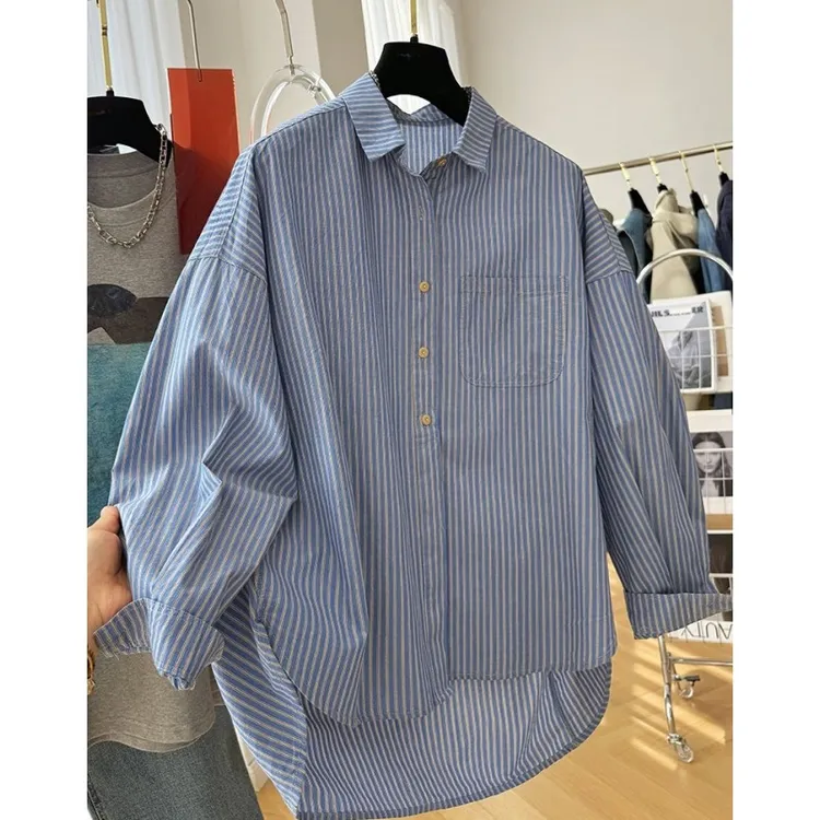 02005超好看独特漂亮长袖衬衫女秋韩系高级感宽松休闲竖条纹上衣