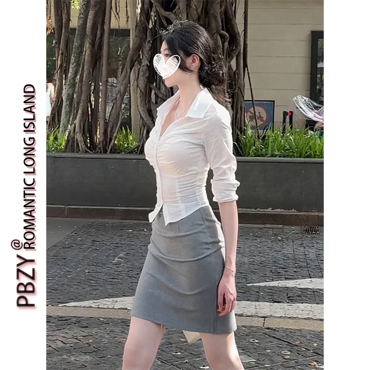 【韩女秘书】简约单排扣褶皱修身显瘦温柔掐腰长袖衬衫女 6703#