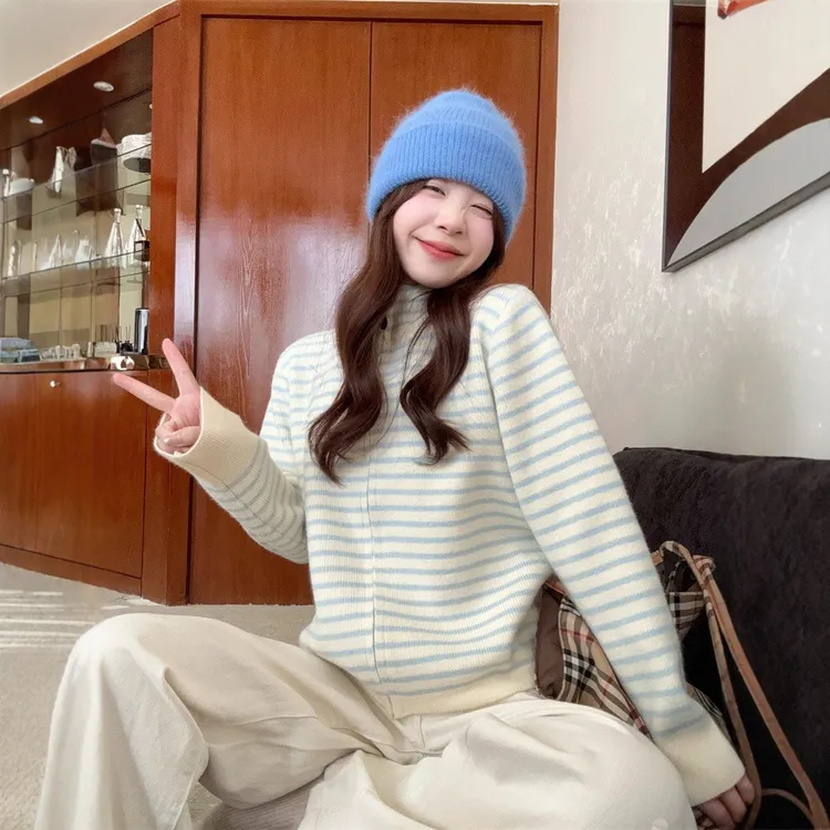 秋冬韩国拉链设计感内搭立领毛衣上衣蓝白条纹撞色针织开衫外套女