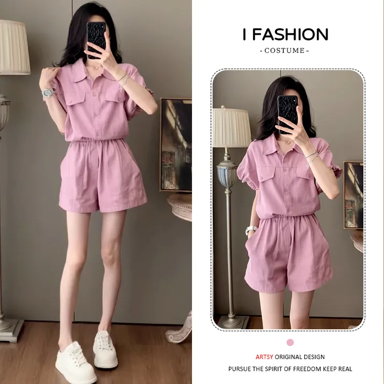 时尚粉色运动服套装女2025年夏季新款宽松显瘦短袖上衣短裤两件套