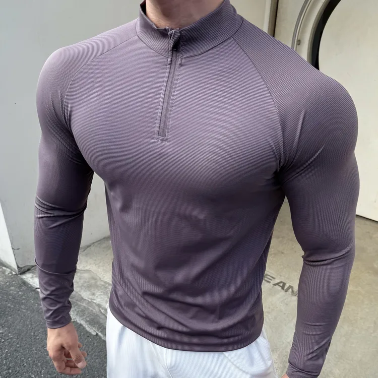 男士春秋透气健身美式小方格冰丝质感运动长袖T恤上衣高弹吸汗