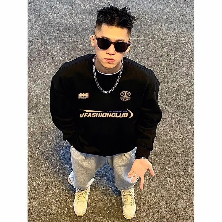 美式赛车元素字母印花230g重磅纯棉男秋冬长袖t恤潮流宽松打底衫