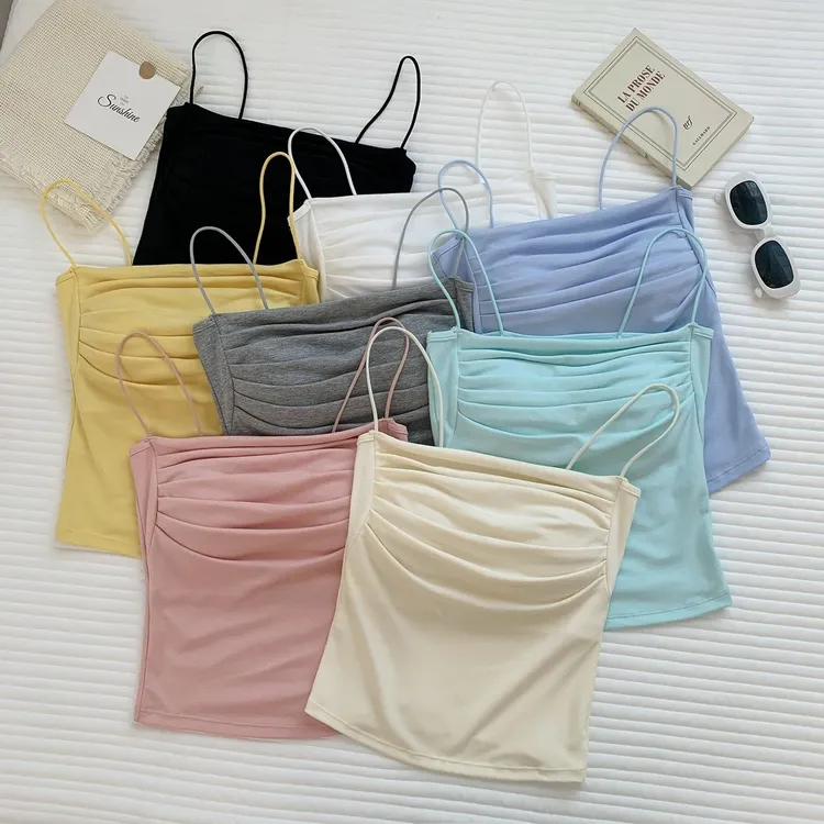 2025新秋冬百搭纯欲甜辣妹褶皱吊带背心带胸垫裹胸修身显瘦背心