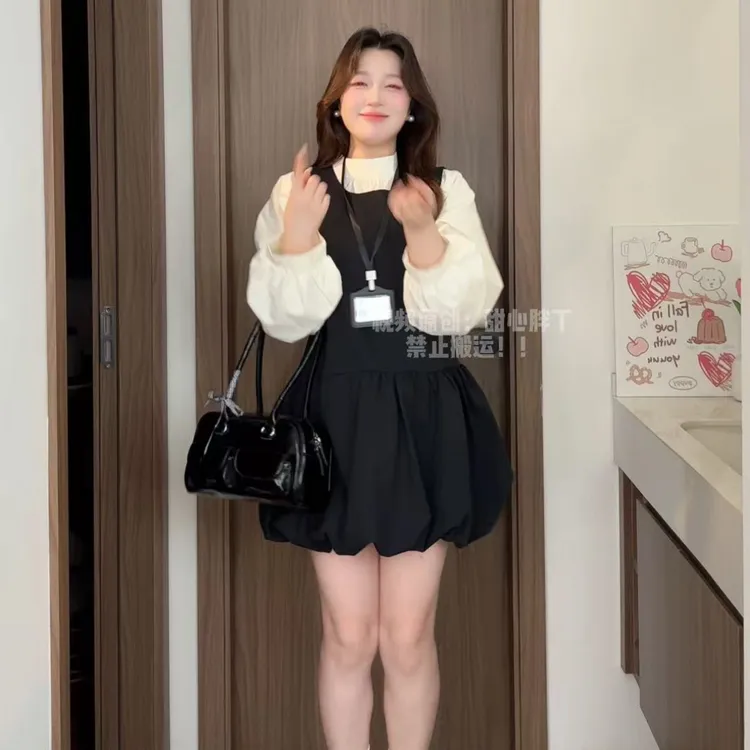 秋季韩系坎袖背心花苞连衣裙搭配衬衫两件套显瘦女甜美学院风穿搭
