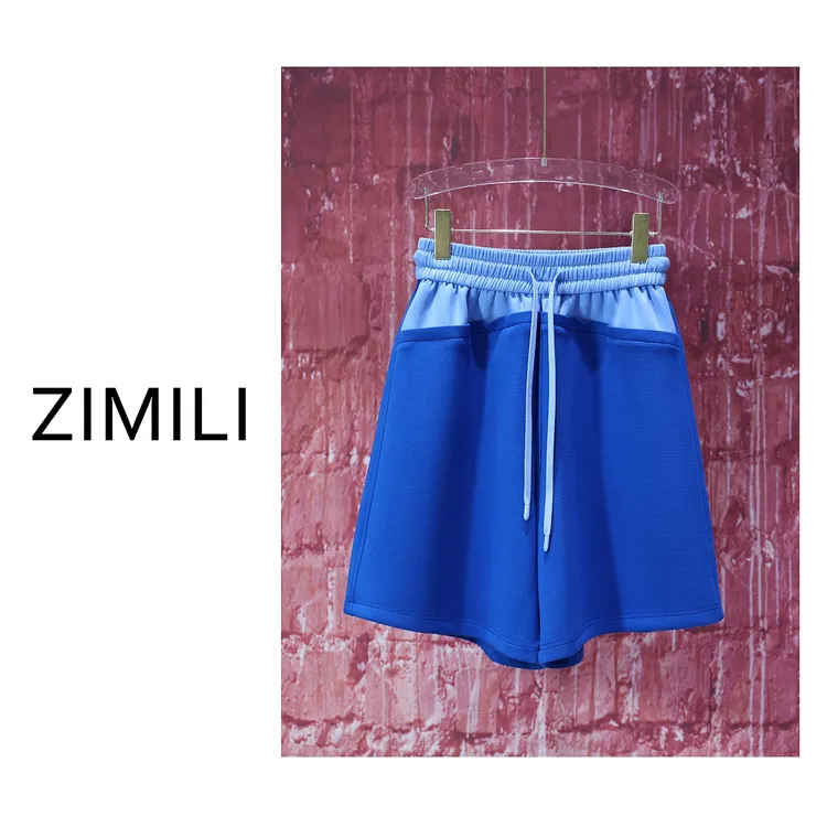 【亮哥女装】2025夏季轻薄透气克莱因蓝拼接浅蓝腰头休闲短裤7926