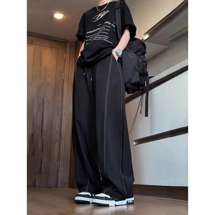 美式高街夏日轻薄裤子男款弯刀阔腿裤百搭痞帅垂感速干直筒休闲裤