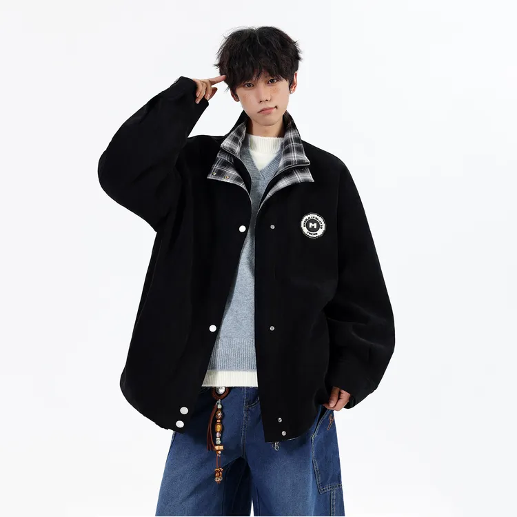 美式假两件格纹贴标夹克男秋季潮牌痞帅学院风宽松休闲翻领外套男