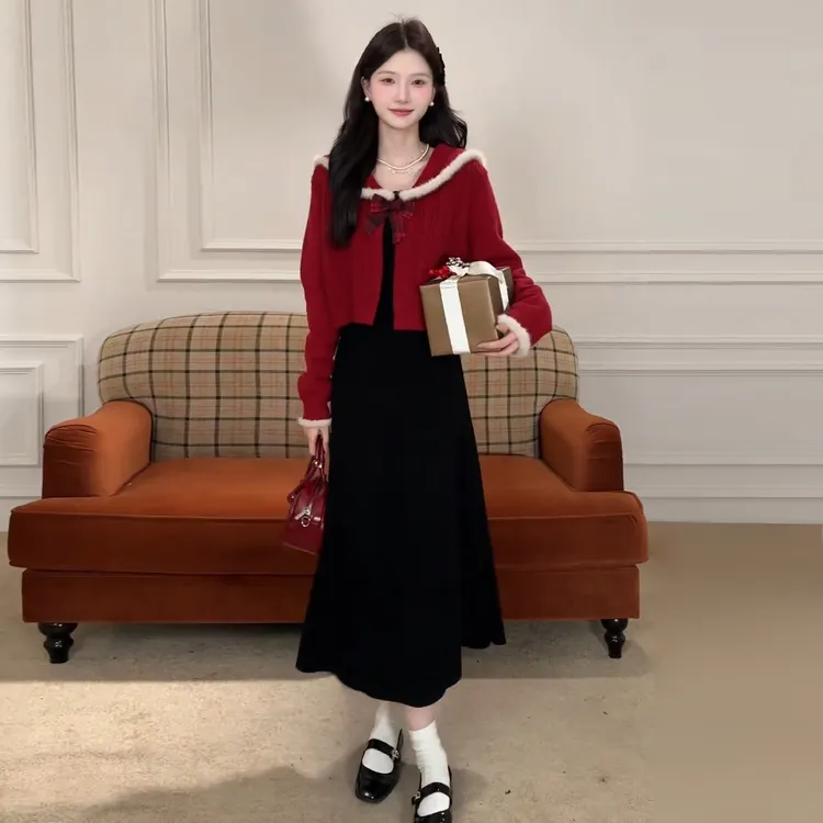 2026过新年跨年穿搭氛围感洋气红色毛衣连衣裙子冬季韩系长裙套装