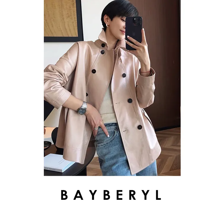 BAYBERYL老贝娃娃*油鞣光泽翻领双排扣时尚25春皮衣PY5B2729-3/2