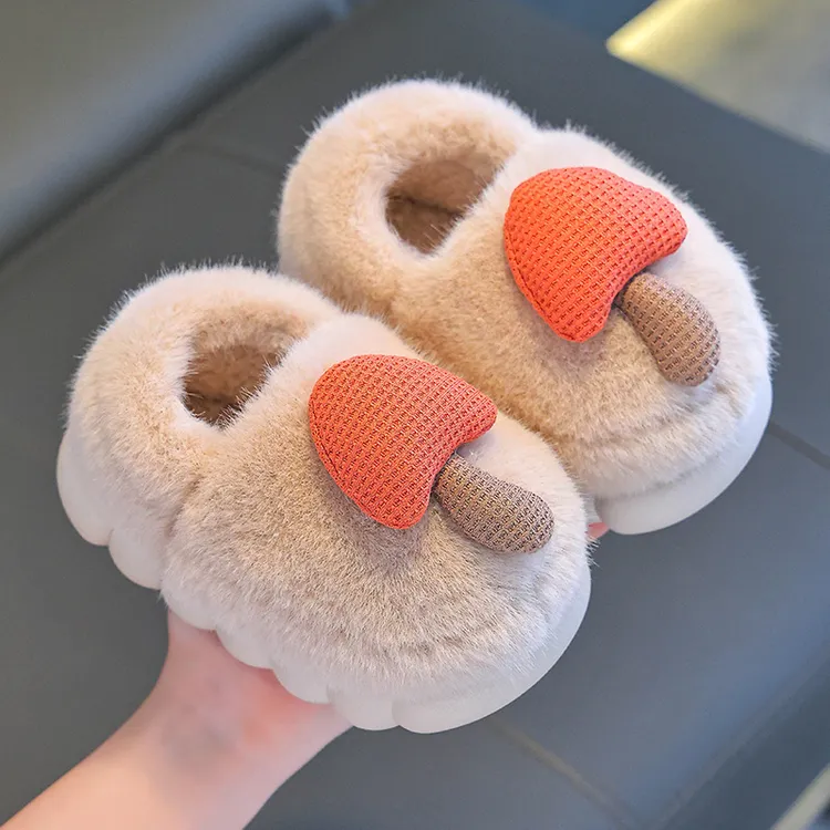 【新店福利】包跟男女童居家保暖加绒毛毛可爱蘑菇中小童宝宝棉拖