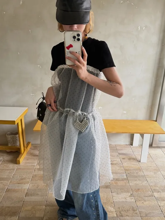 HELLOTANGO《叠影波点》韩版复古波点叠穿网纱屁帘半身裙55370#