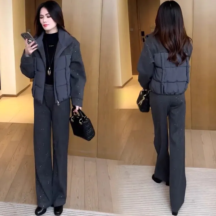时尚套装女2025冬季新款洋气显瘦加厚保暖棉服外套阔腿裤两件套
