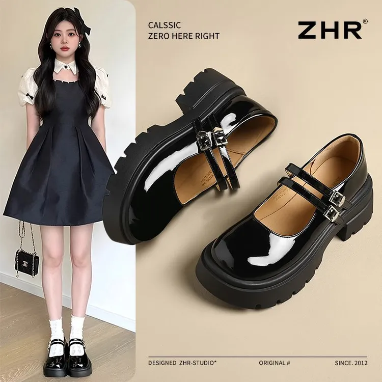 ZHR/则则亮面玛丽珍鞋女2025黑色新款百搭单鞋软底绑带可爱jk鞋