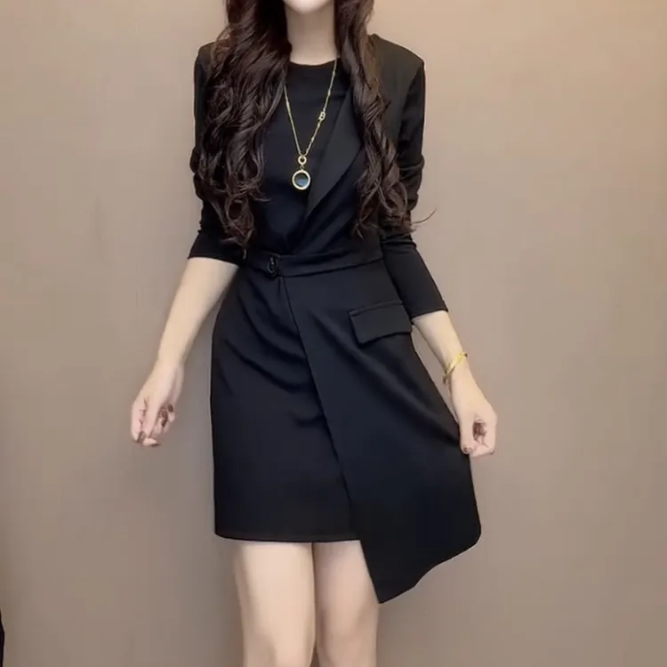 女神范气质西装拼接假两件名媛显瘦收腰连衣裙