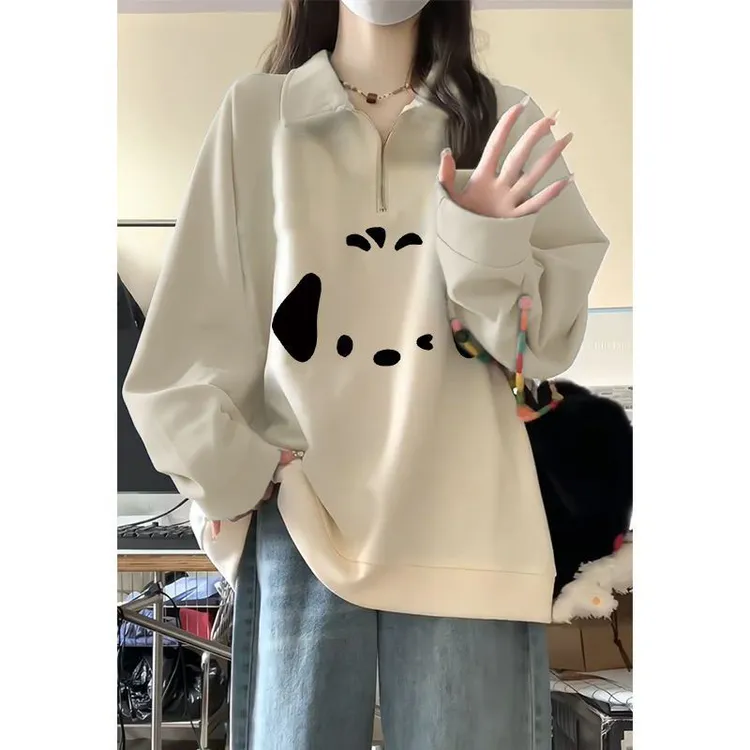 潮牌美式高街Polo领半拉链卫衣女秋冬季加绒加厚宽松学生外套上衣
