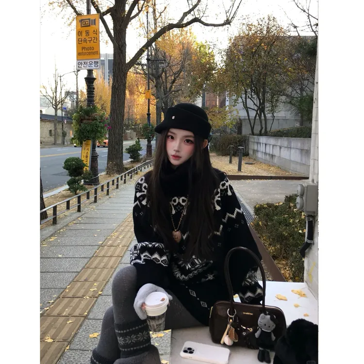 费尔岛堆堆领毛衣套装女秋冬短裤两件套装针织韩系慵懒针织套装