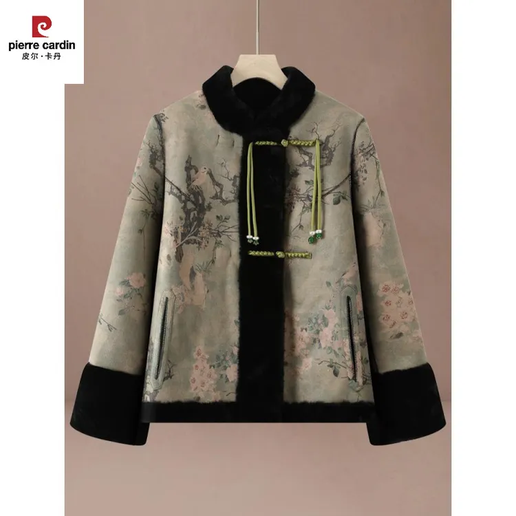 皮尔卡丹妈妈新中式秋冬装皮毛一体两面穿外套中老年女冬季国风金