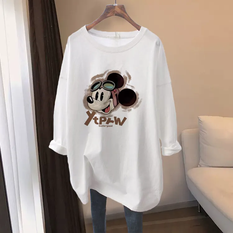 2025秋季新款纯棉长袖T恤女宽松休闲百搭中长款卡通大码白色体恤