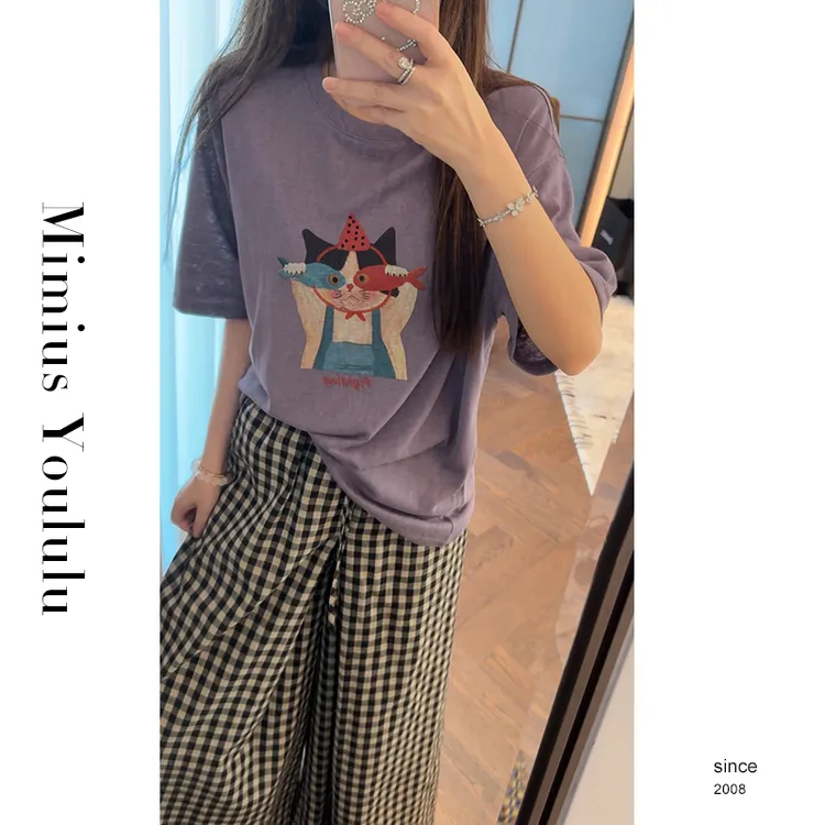 【mimius】U 猫吃鱼～油画感卡通休闲短袖T恤+裤子（松紧腰） G06211