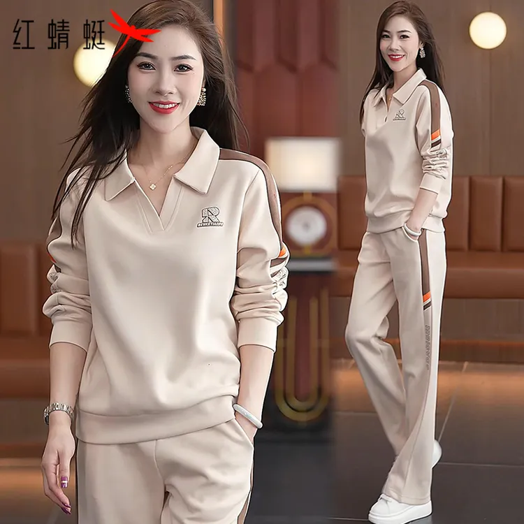 红蜻蜓翻领长袖拼色卫衣套装女2025秋季新款显瘦遮肉运动服两件套