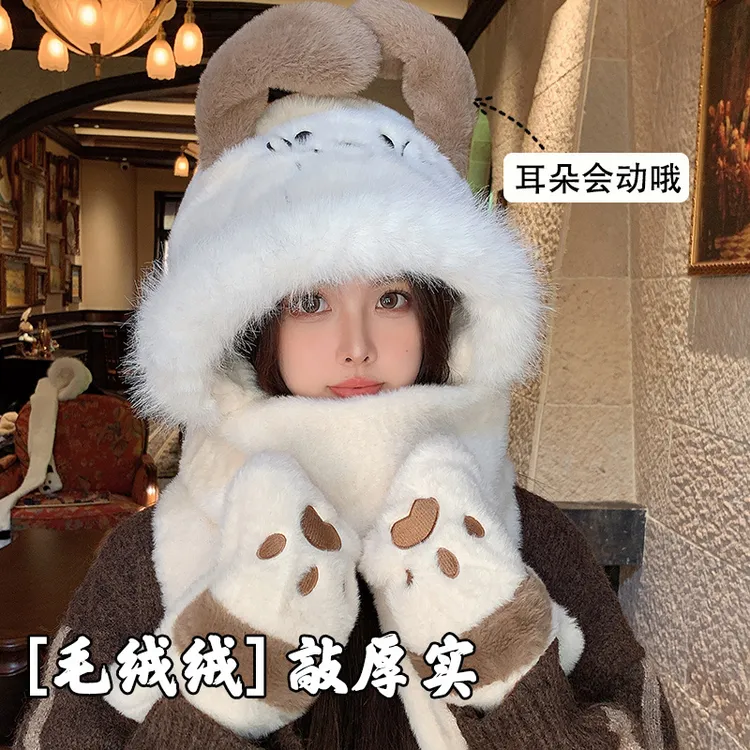 可爱会动耳朵小狗毛绒帽子女秋冬季防寒保暖加厚护耳雷锋帽显脸小