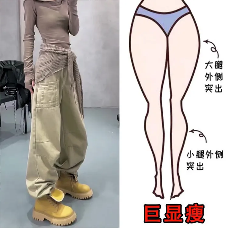 秋冬爆款大码女装高腰设计感工装牛仔裤梨形身材显瘦宽松阔腿长裤