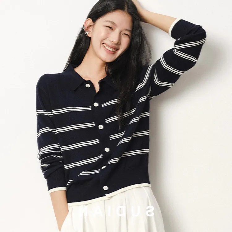 时尚翻领长袖条纹针织衫上衣女2025早秋季优雅休闲风显瘦圆领开衫