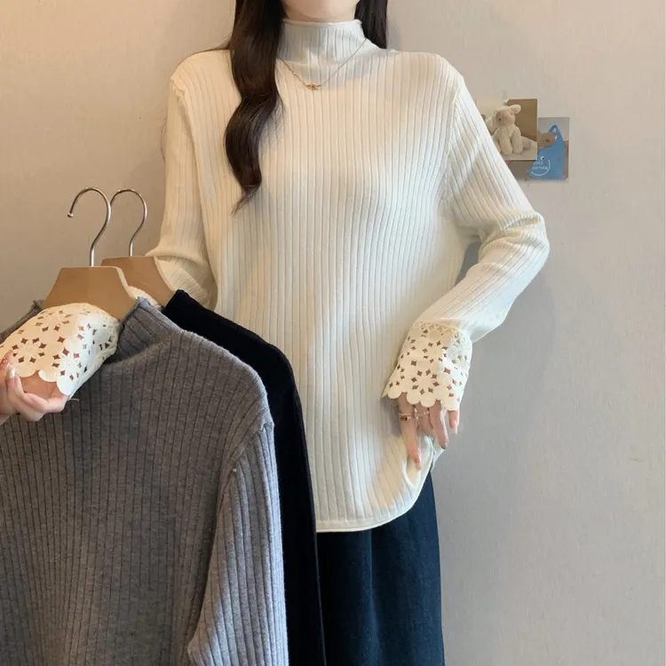 大码胖MM秋冬新款宽松慵懒风坑条长袖针织衫袖口蕾丝拼接气质打