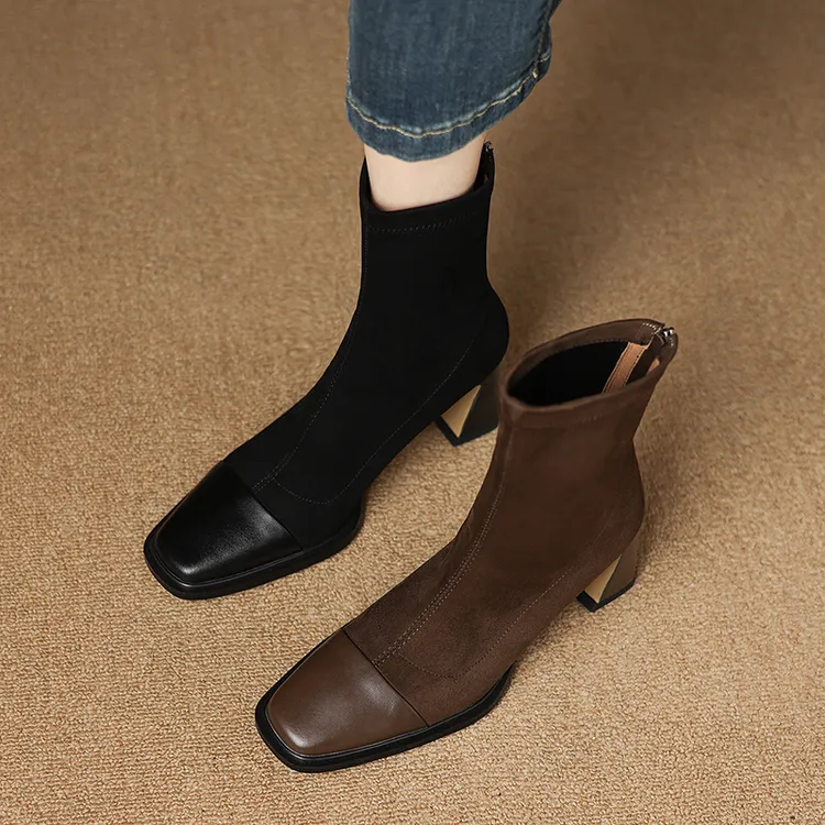 秋冬新款方头弹力瘦瘦靴粗跟短靴高跟粗跟黑色高跟短靴子短靴