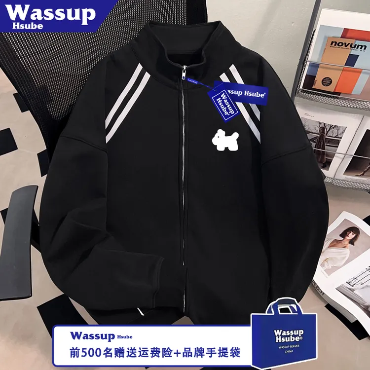 WASSUP HSUBE简笔小狗印花潮流外套秋季流行开衫男女拉链复古卫衣