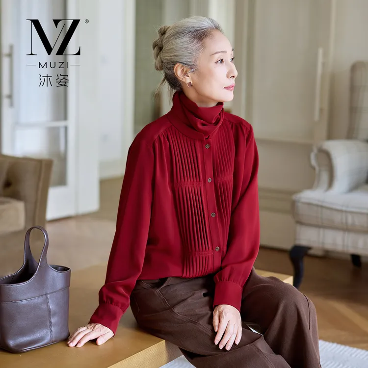 沐姿中老年妈妈装立领衬衫女春秋季气质长袖上衣复古港风女装
