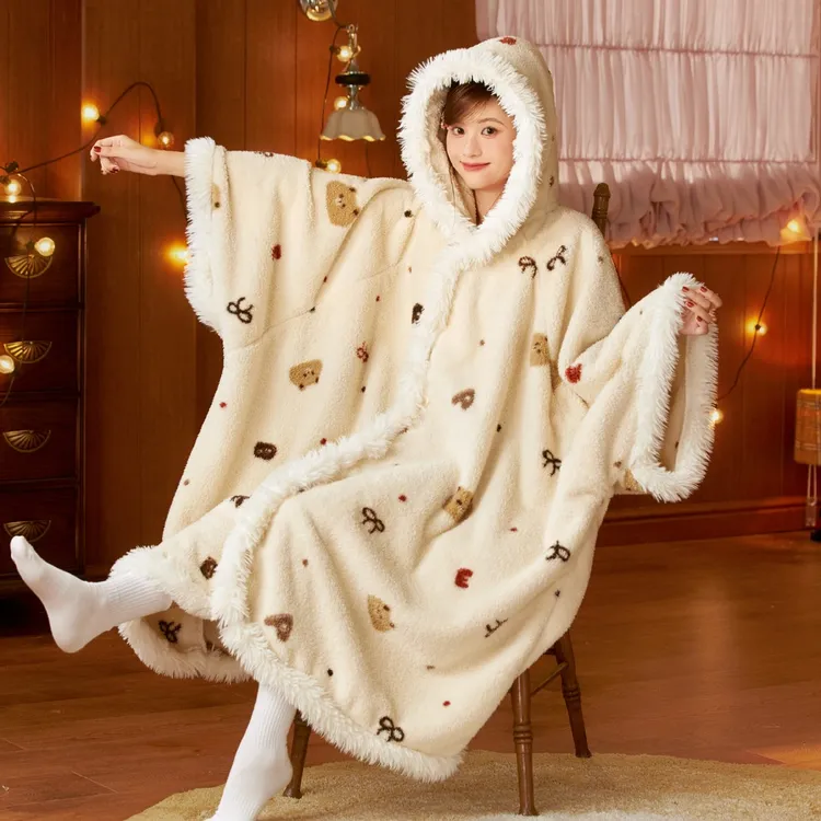 斗篷睡袍睡衣女秋冬季加绒加厚款卡通浴袍甜美可外穿连帽长款保暖