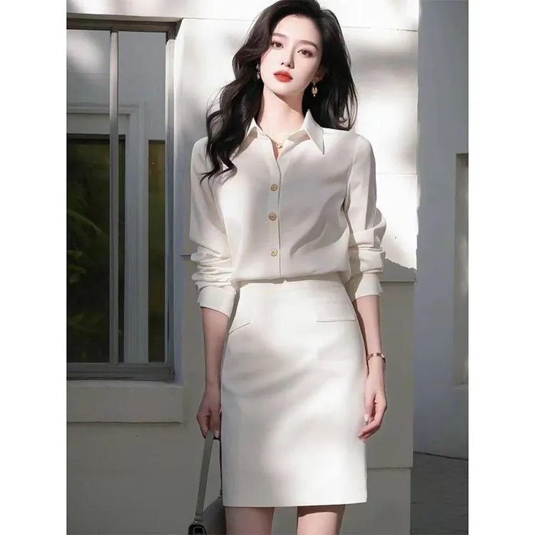 韩版纯色设计感套装2025年春秋季新款小众洋气衬衫半身裙两件套潮