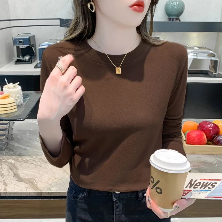 2026年秋冬圆领打底衫女新款双面德绒加厚保暖洋气修身长袖t恤