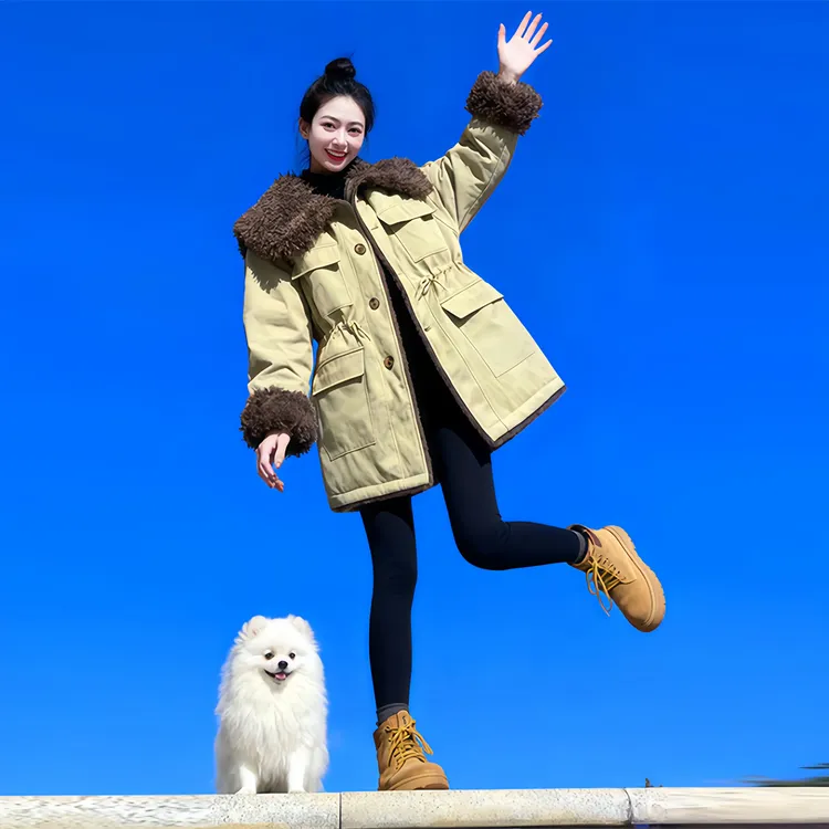 休闲通勤风中长款棉服女2025时尚气质韩版显瘦纯色拼接外套