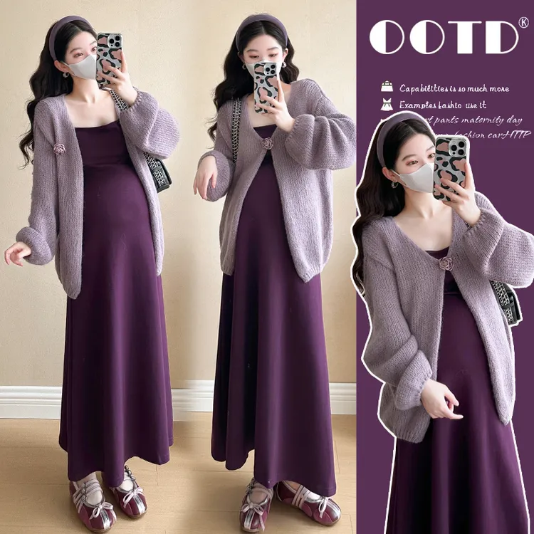 孕妇装春夏连衣裙时尚针织开衫外出春装中长款吊带裙孕妈妈穿搭女