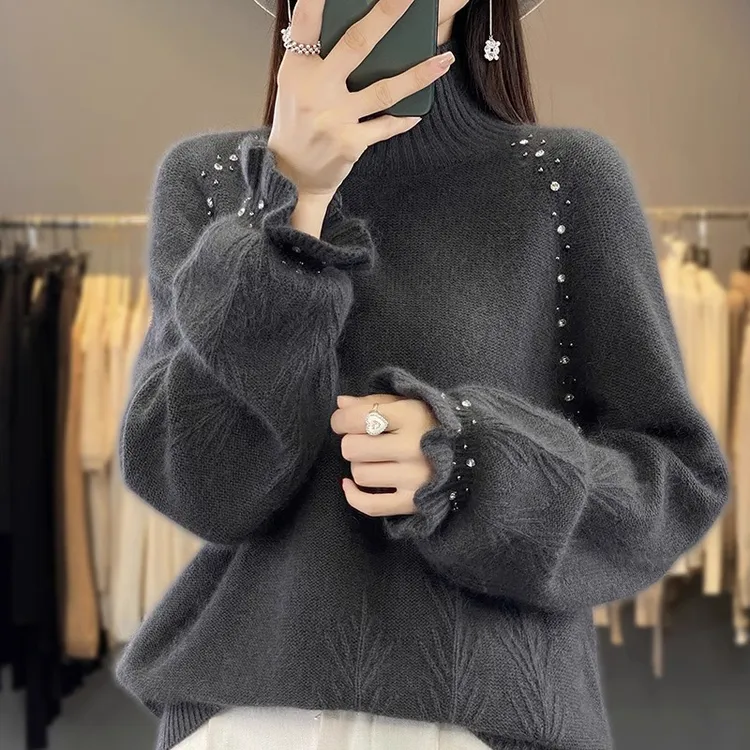 秋冬羊毛衫女新款宽松半高领带钻公主袖针织毛衣显瘦羊绒打底衫厚