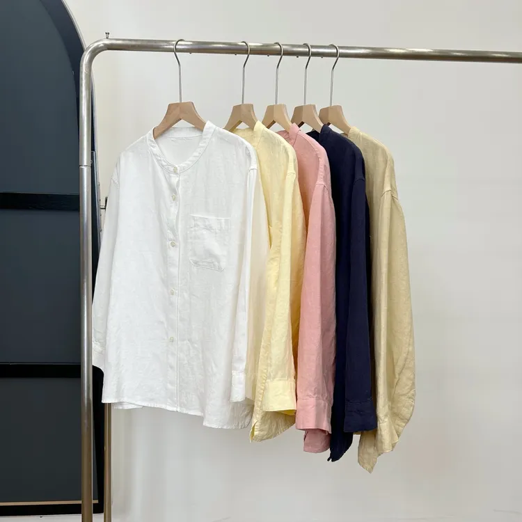 【24支纯汉麻】X-2232女士慵懒风100汉麻圆领衬衫长袖口袋衬衣外套