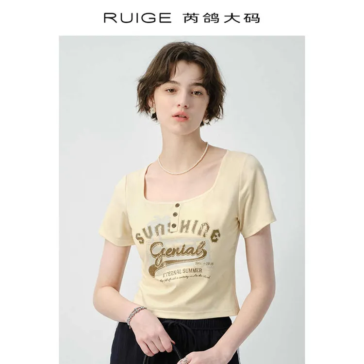 芮鸽微胖定制方领T恤新款印花正肩显瘦短袖夏季修身胖mm上衣00152