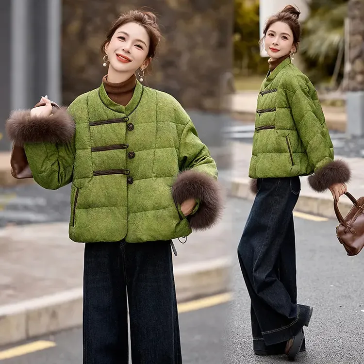 2025冬季新款新中式国风提花羽绒服女短款宽松加厚保暖白鸭绒外套