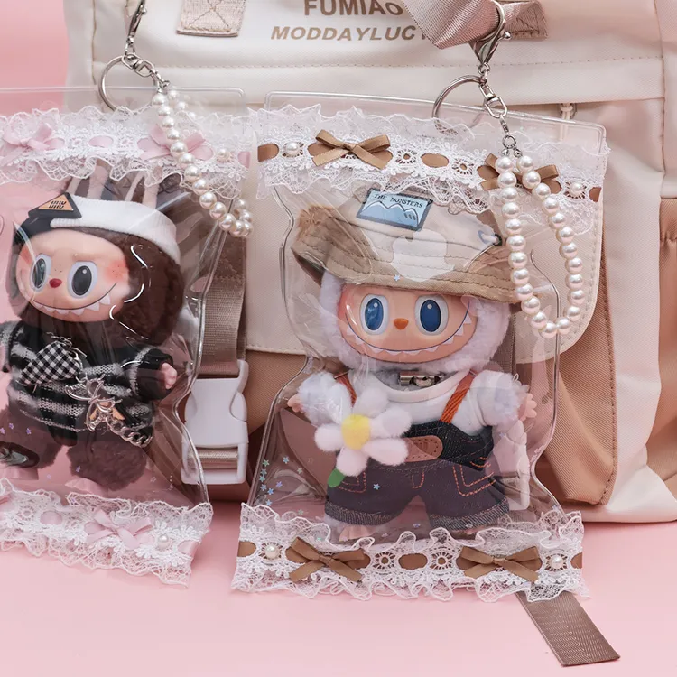 透明PVC蕾丝花边遛娃挂包自封式娃娃雨衣袋防水玩偶收纳包拉布布