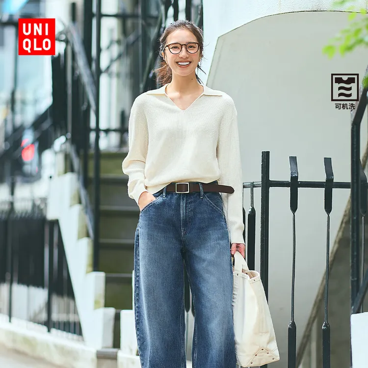 优衣库女装可机洗罗纹半开领针织衫/毛衣25秋冬新款480414