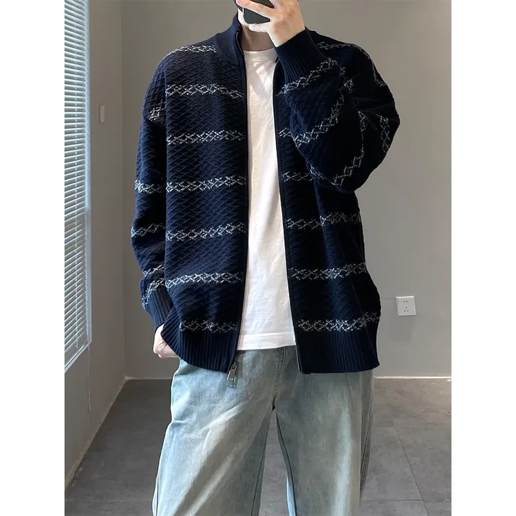 藏青色条纹拉链针织开衫男款秋季美式复古慵懒风毛衣宽松立领外套