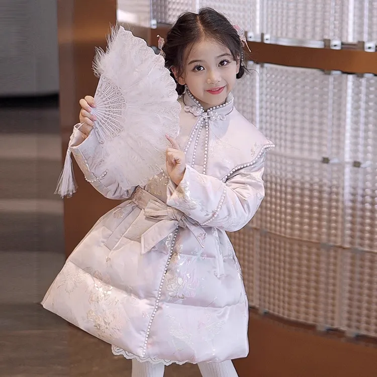 女童新中式国风收腰中长款棉服外套2025冬季新款棉袄儿童冬装潮