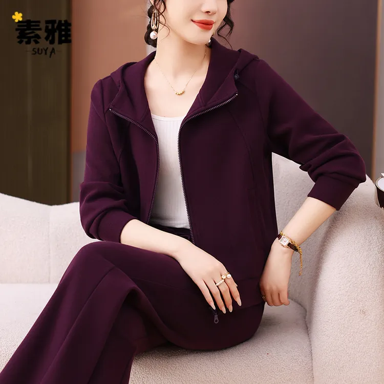 连帽外套运动服套装女2025春秋季中老年洋气大码直筒裤休闲两件套