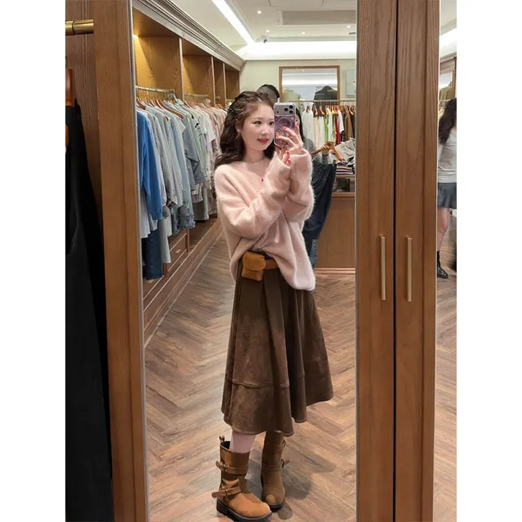 parkyeon减龄少女感穿搭粉色长袖针织毛衣女小个子显瘦半身裙套装