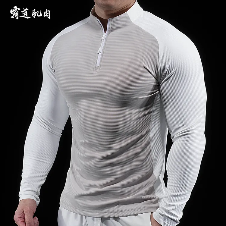 霸道肌肉 新款男士健身衣休闲半拉链训练长袖T恤跑步修身春秋