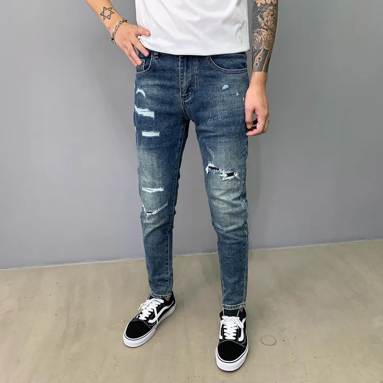 蓝色破洞牛仔裤男士秋冬款做旧潮流修身个性青年百搭小脚长裤韩版