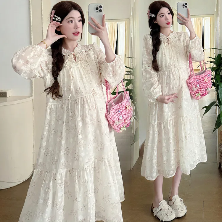 【长袖现货速飞版】孕妇连衣裙2025新品春夏款碎花花边甜美减龄裙子