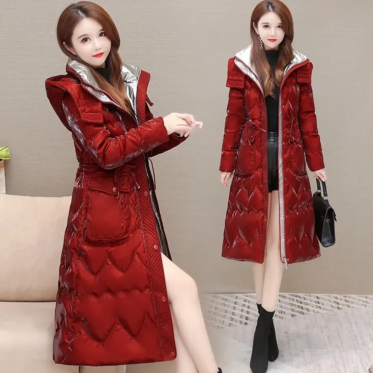 九江羽绒服女亮面中长款过膝收腰免洗2025冬季新款保暖白鸭绒外套